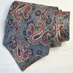 Vintage 90s Liberty of London Gray 100% Silk Necktie with Red and Blue Paisley